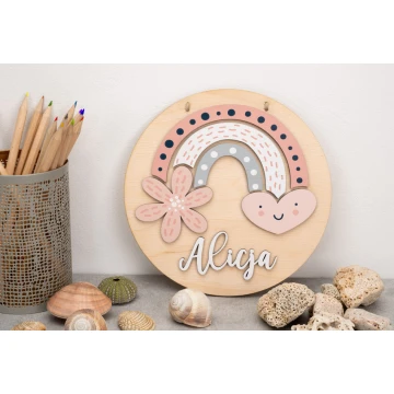 Wooden Plaque with Child's Name - Rainbow 5 - Diameter 290mm - NAP042