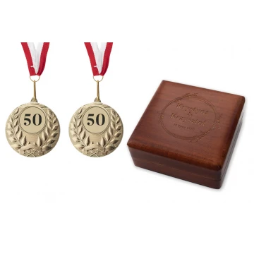 Golden Medals for 50th Golden Wedding Anniversary - Set in Wooden Case - MGR003