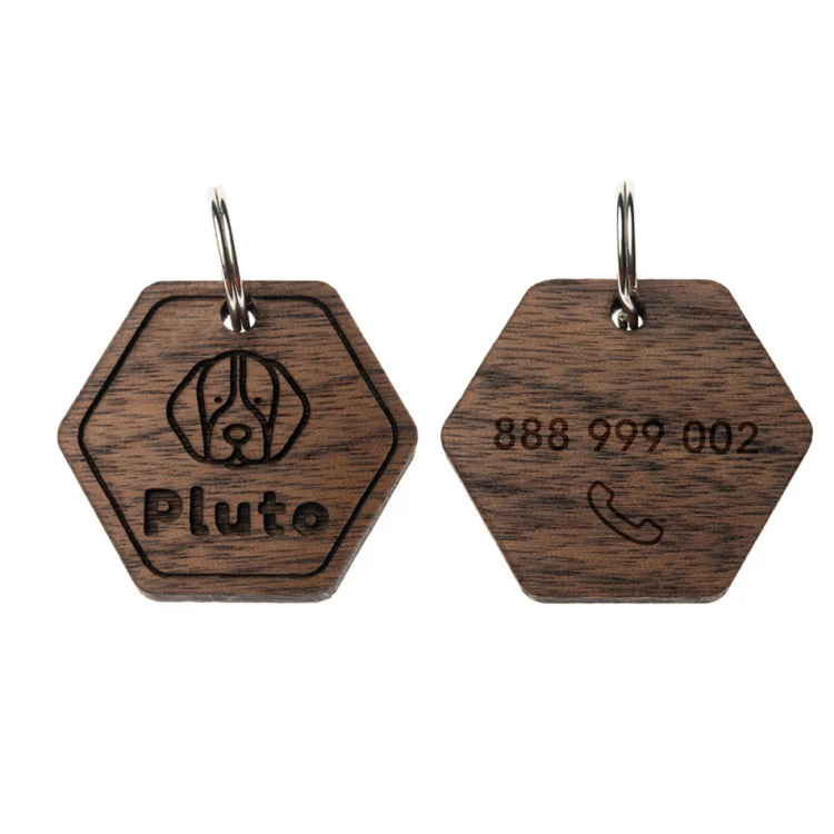 ID Tag - Premium Keyring for Dog and Cat with Engraving - Solid Walnut Wood - BDZ061