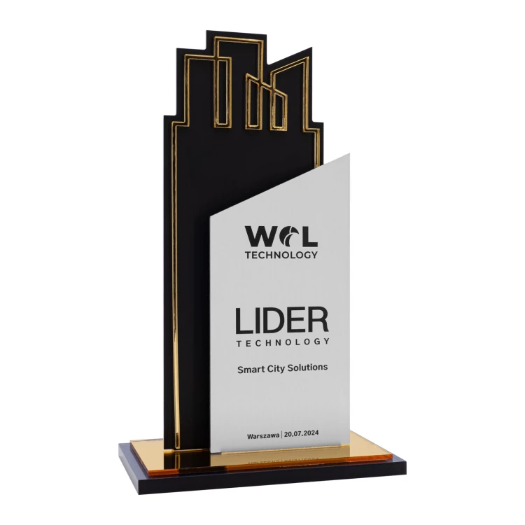 UV printed business statuette - aluminium and gold mirror acrylic - H 23 cm - DTA140