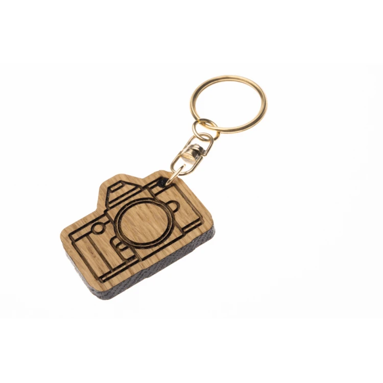 Retro Camera Keychain - Light Oak Wood - Custom Engraving - BP158
