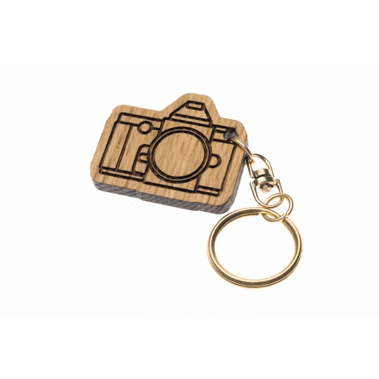 Retro Camera Keychain - Light Oak Wood - Custom Engraving - BP158