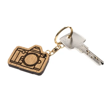 Retro Camera Keychain - Light Oak Wood - Custom Engraving - BP158