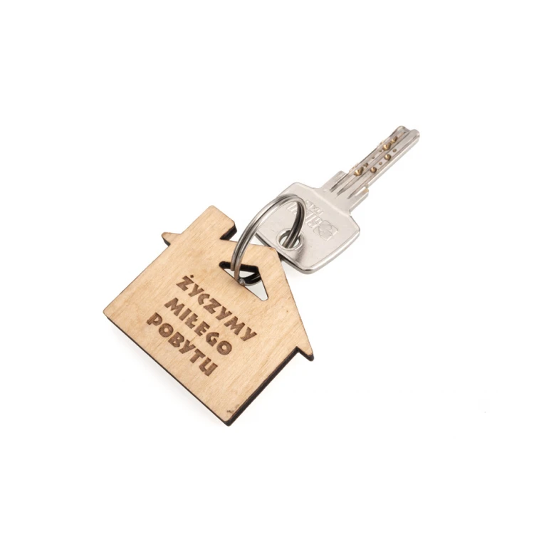 Wooden House Keychain with Chimney 6 - Natural Color - Size 55x43mm - BD079