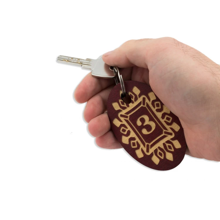 Wooden Keychain Oval 3 - Dark Cherry Color, dimensions 80x50mm - BD052