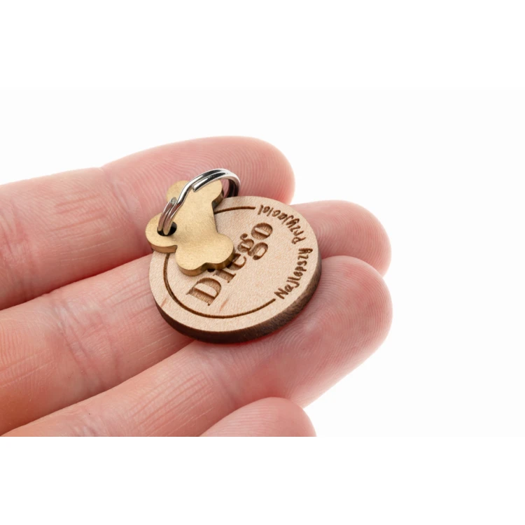 ID Tag - Premium Keyring for Dog and Cat with Engraving - Solid Maple Wood - BDZ051