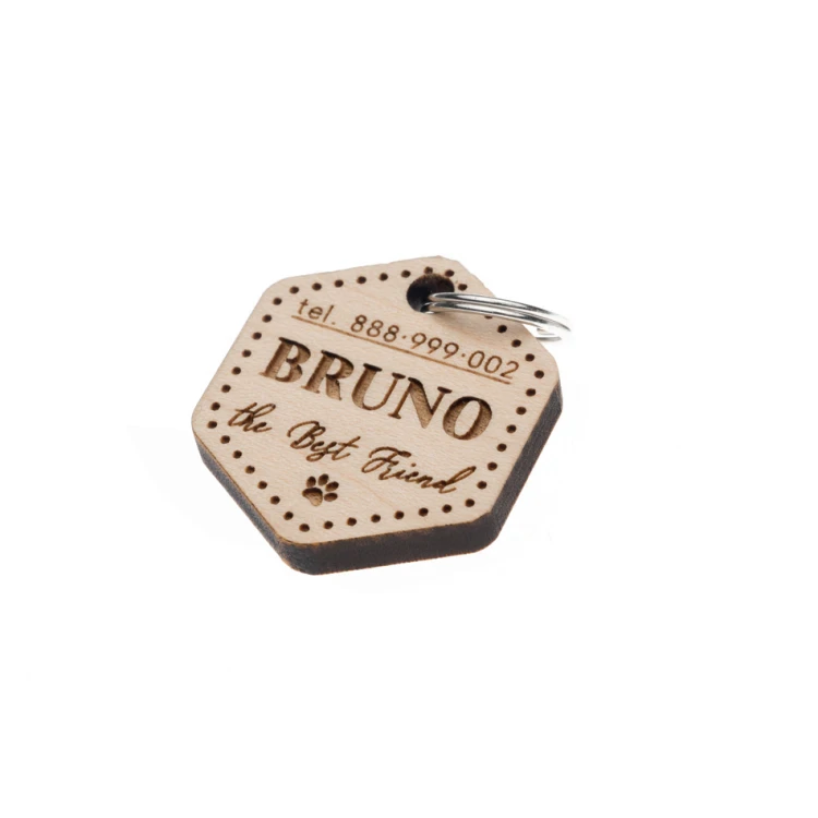 ID Tag - Premium Keyring for Dog and Cat with Engraving - Solid Maple Wood - BDZ052