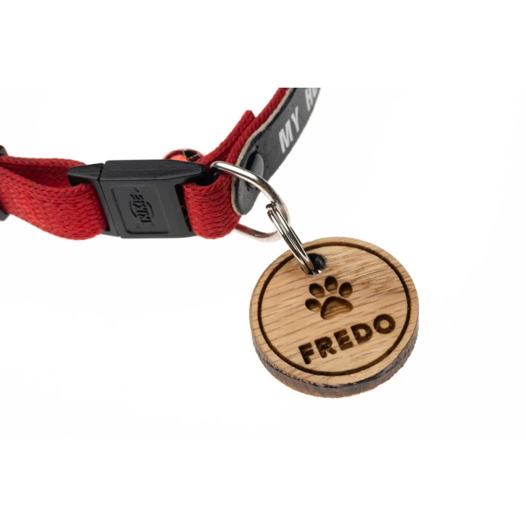 ID Tag - Premium Keyring for Dog and Cat with Engraving - Solid Red Oak Wood - BDZ055