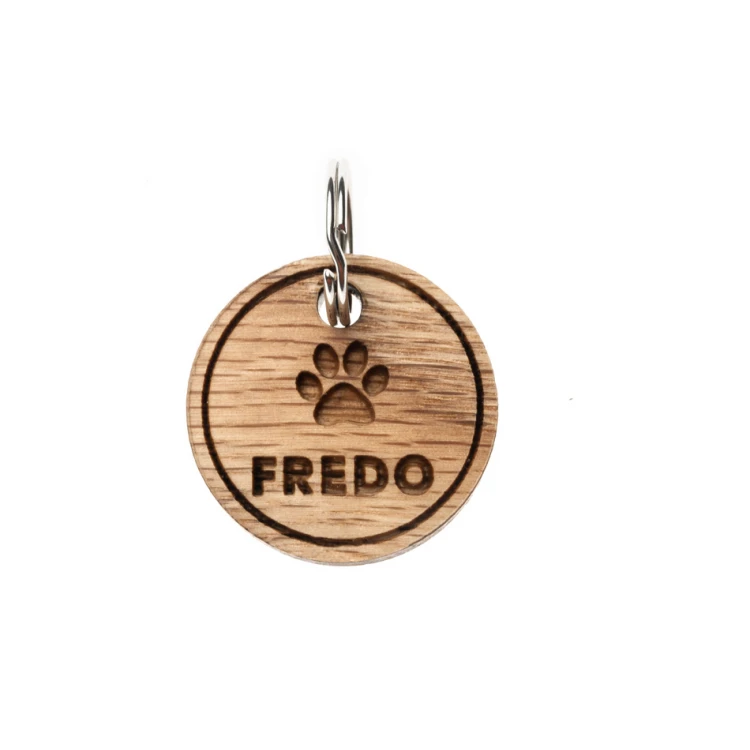 ID Tag - Premium Keyring for Dog and Cat with Engraving - Solid Red Oak Wood - BDZ055