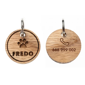 ID Tag - Premium Keyring for Dog and Cat with Engraving - Solid Red Oak Wood - BDZ055