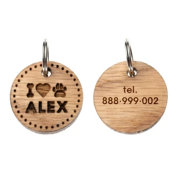ID Tag - Premium Keyring for Dog and Cat with Engraving - Solid Red Oak Wood - BDZ057