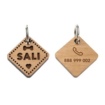 ID Tag - Premium Keyring for Dog and Cat with Engraving - Solid Alder Wood - BDZ058