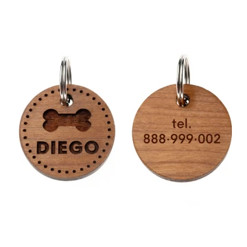 ID Tag - Premium Keyring for Dog and Cat with Engraving - Solid Cherry Wood - BDZ060