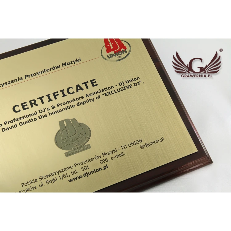 Certificate for DJ MD154 size 25.5x20cm - colorful UV print - DUV024