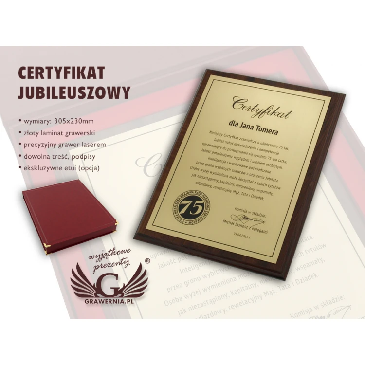 Anniversary Certificate - diploma on a wooden base - DCE006