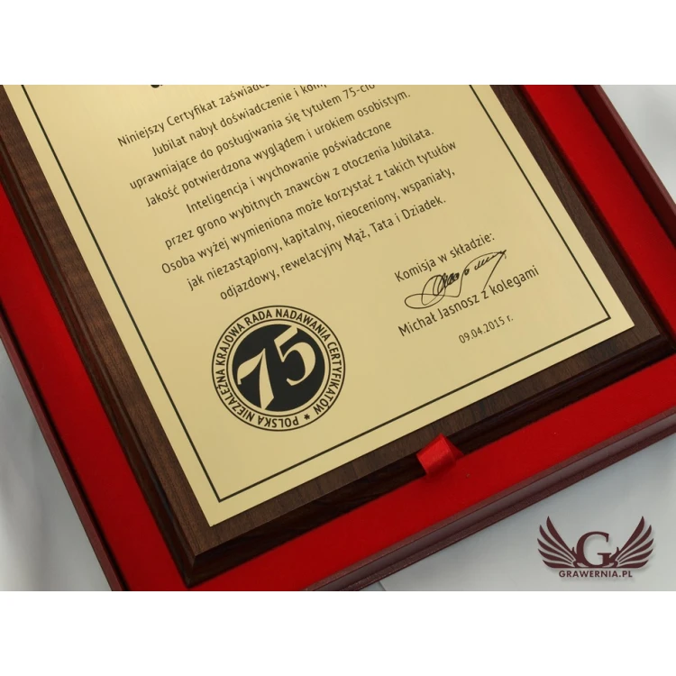 Anniversary Certificate - diploma on a wooden base - DCE006