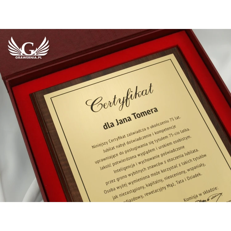 Anniversary Certificate - diploma on a wooden base - DCE006