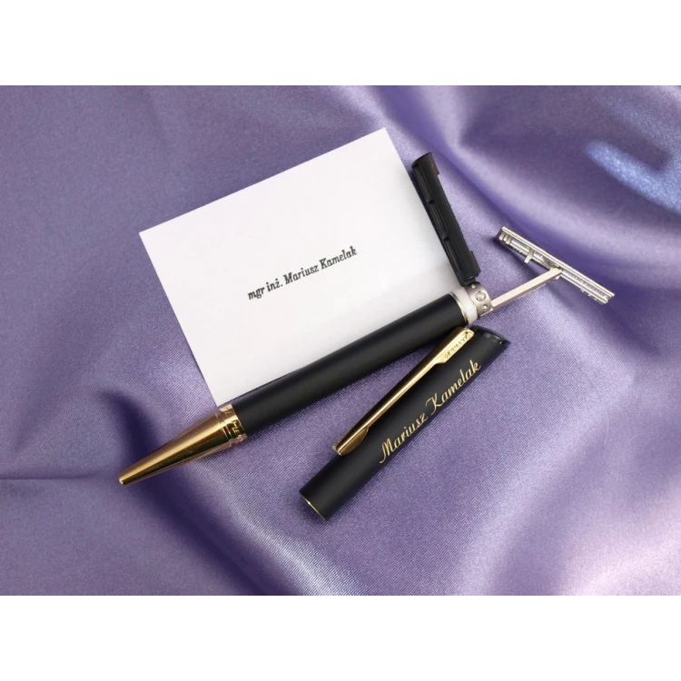 HERI DIAGONAL Pen with Stamp in Black-Gold Matte Finish with Case (model 3020)