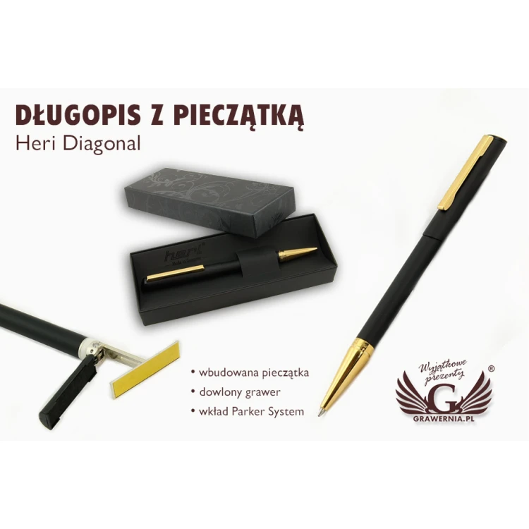 HERI DIAGONAL Pen with Stamp in Black-Gold Matte Finish with Case (model 3020)