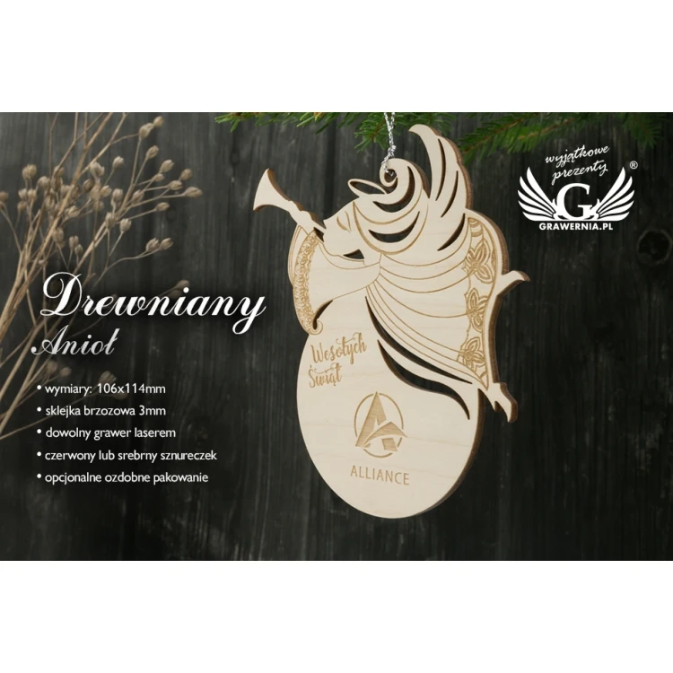 Wooden Angel Christmas Ornament - size 106x114mm - any engraving - BDR023
