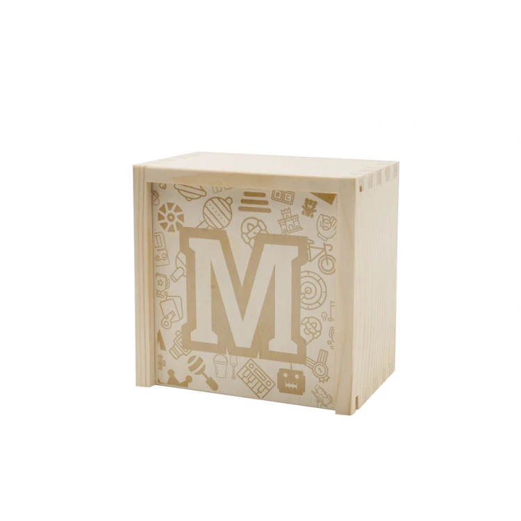Wooden cube with child's metric in a wooden box with engraving - Baptism gift - KSD004