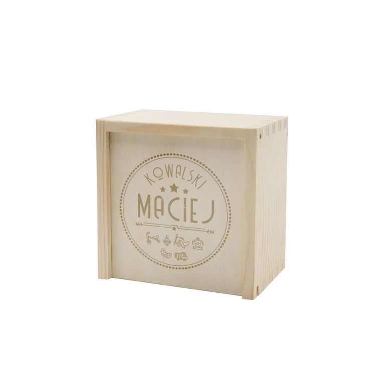 Wooden cube with child's metric in a wooden box with engraving - Baptism gift - KSD005