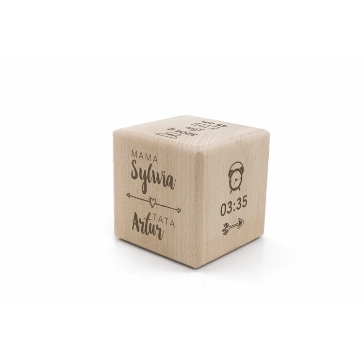 Wooden cube with child's metric in a wooden box with engraving - Baptism gift - KSD007