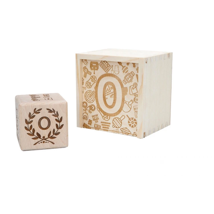 Wooden cube with child's metric in a wooden box with engraving - Baptism gift - KSD004