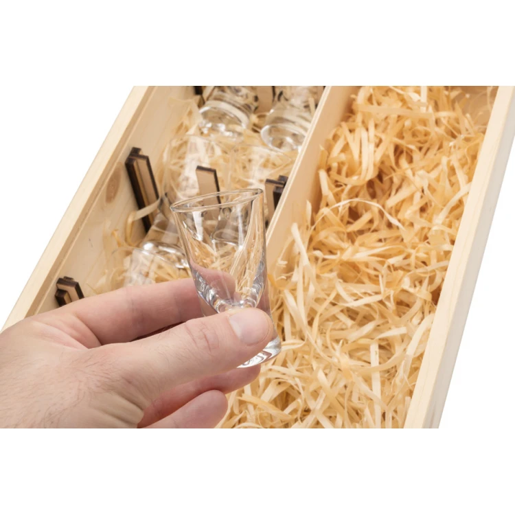 Wooden vodka box with a set of 6 shot glasses for a bachelor party - SK069