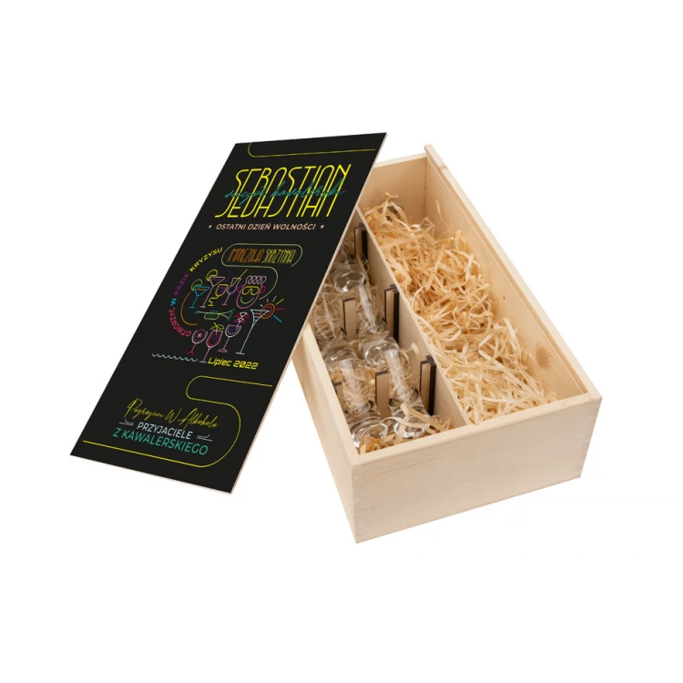Wooden vodka box with a set of 6 shot glasses for a bachelor party - SK069