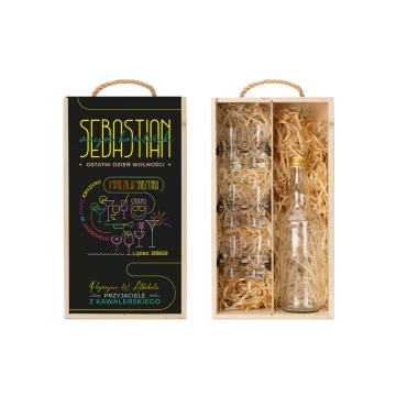 Wooden vodka box with a set of 6 shot glasses for a bachelor party - SK069