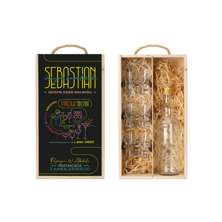 Wooden vodka box with a set of 6 shot glasses for a bachelor party - SK069