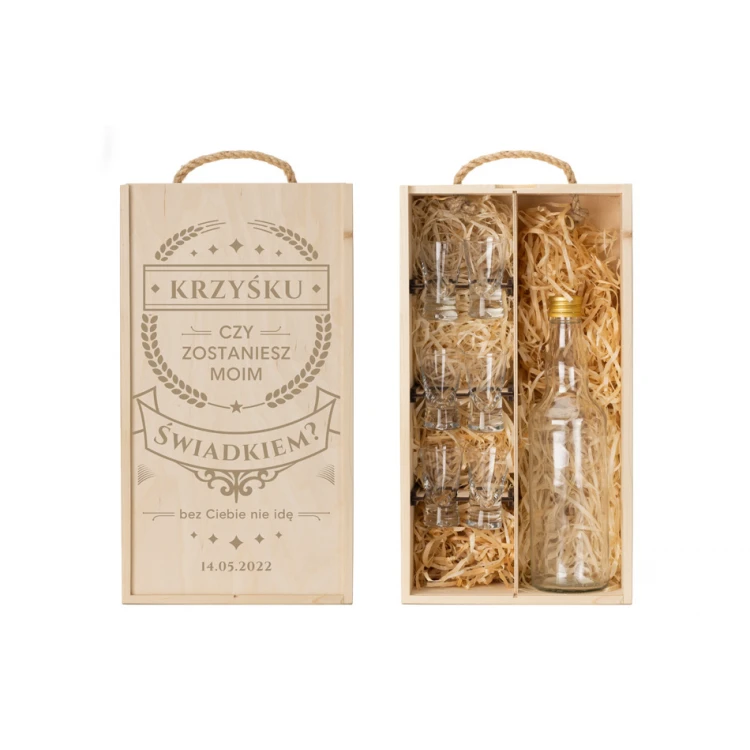 Wooden vodka box with a set of 6 glasses - Will you be my witness? - SK074