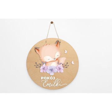 Wooden plaque with child's name - Fox - diameter 290mm - NAP044