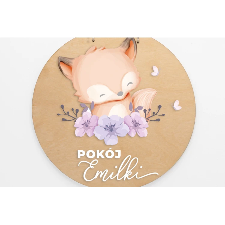 Wooden plaque with child's name - Fox - diameter 290mm - NAP044