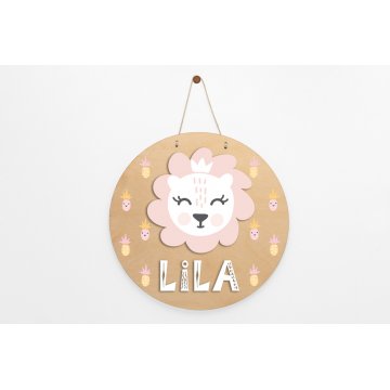 Wooden plaque with child's name - Lion 2 - diameter 290mm - NAP046
