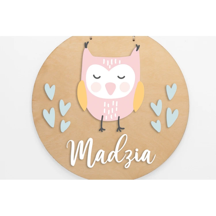 Wooden Plaque with Child's Name - Owl - Diameter 290mm - NAP047