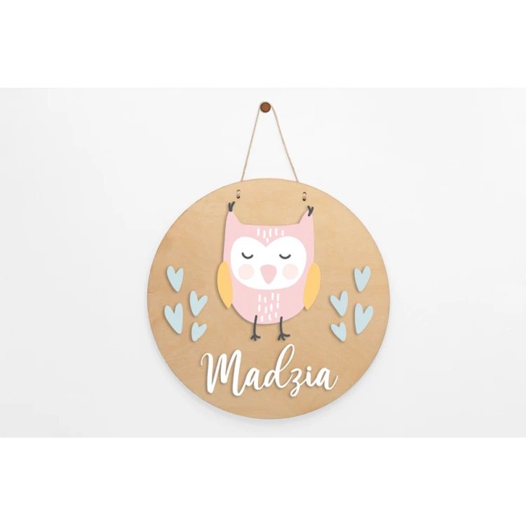 Wooden Plaque with Child's Name - Owl - Diameter 290mm - NAP047