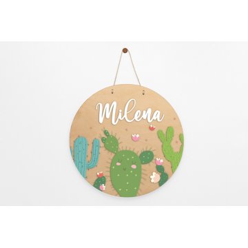 Wooden Plaque with Child's Name - Cacti - Diameter 290mm - NAP053