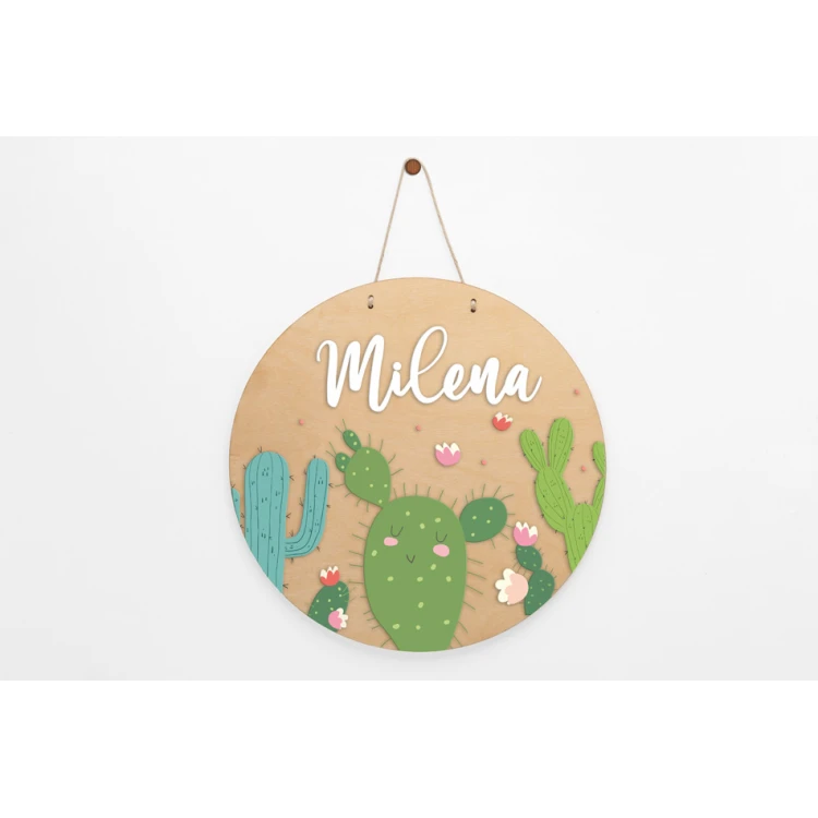 Wooden Plaque with Child's Name - Cacti - Diameter 290mm - NAP053