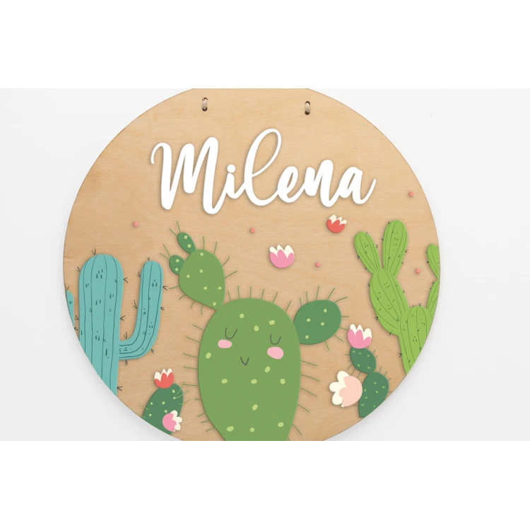 Wooden Plaque with Child's Name - Cacti - Diameter 290mm - NAP053