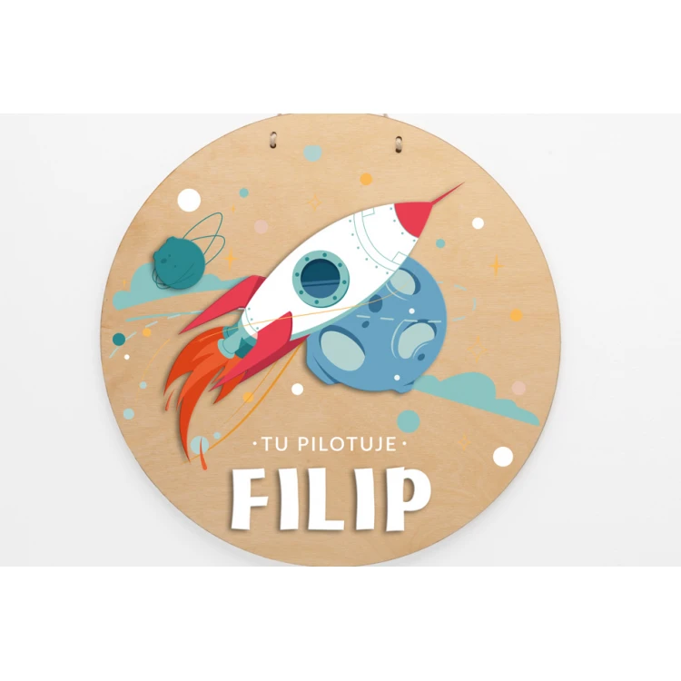Wooden Plaque with Child's Name - Rocket - Diameter 290mm - NAP054