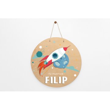 Wooden Plaque with Child's Name - Rocket - Diameter 290mm - NAP054