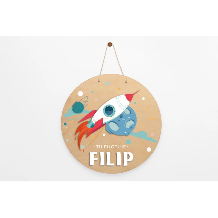 Wooden Plaque with Child's Name - Rocket - Diameter 290mm - NAP054