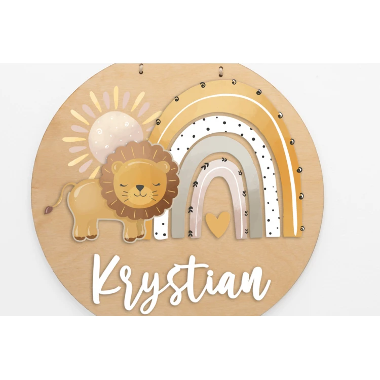 Wooden plaque with child's name - Lion 3 - diameter 290mm - NAP057