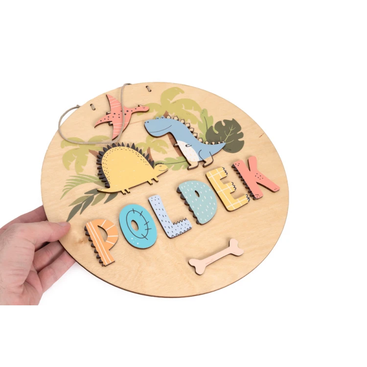 Wooden Plaque with Child's Name - Dinosaurs - Diameter 290mm - NAP061