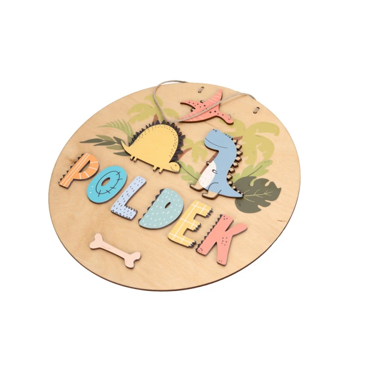 Wooden Plaque with Child's Name - Dinosaurs - Diameter 290mm - NAP061
