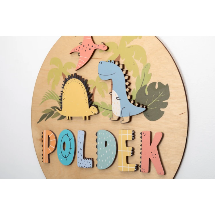 Wooden Plaque with Child's Name - Dinosaurs - Diameter 290mm - NAP061