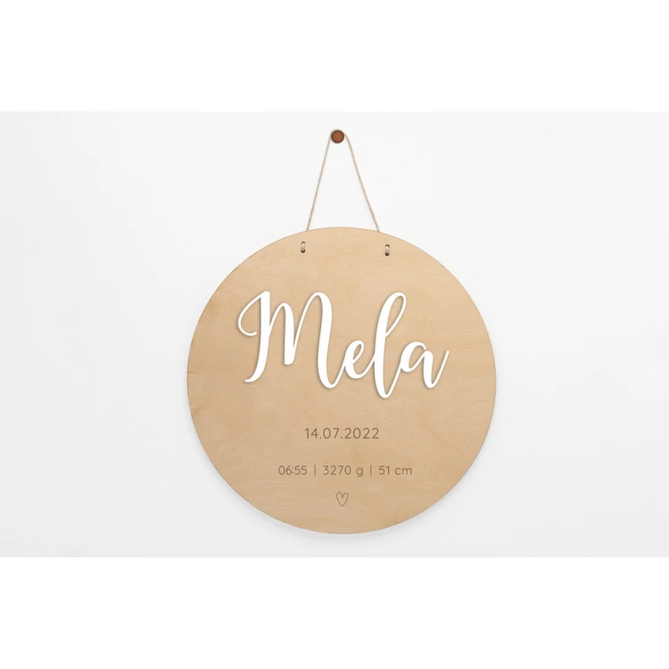 Wooden plaque with child's name - diameter 290mm - NAP062