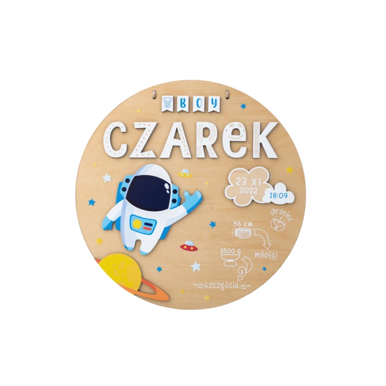 Wooden plaque with child's name and birth record - Astronaut - diameter 290mm - NAP073